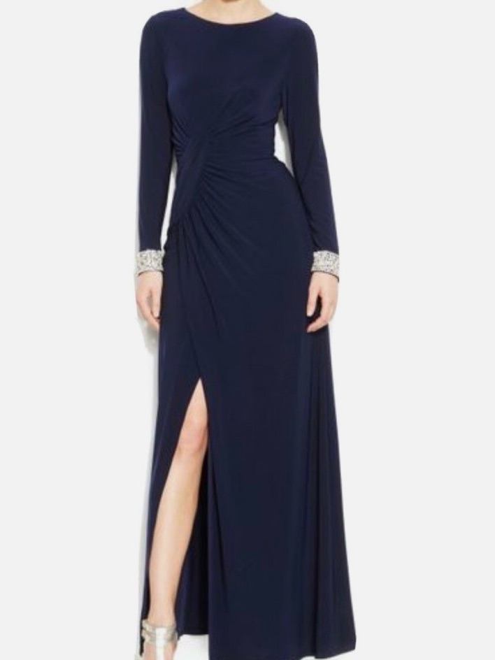 Vince Camuto Black Long-Sleeve Gown With Crystal Cuffs